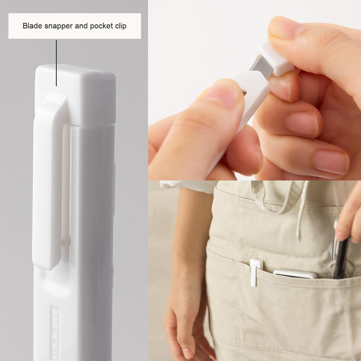 Midori XS white cutter stored in a shirt pocket, with English feature captions