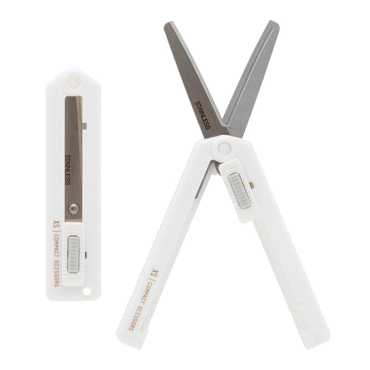 Midori XS white scissors open beside their protective case