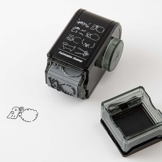 Midori Pre-Inked Paintable Rotating Stamp with 8 speech bubble character designs – refillable, black waterproof ink, made in Japan