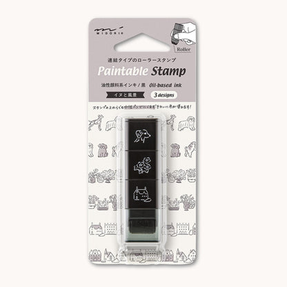 Midori roller stamp with dog, flower and village house patterns, continuous pre-inked design, paintable Japanese stationery stamp
