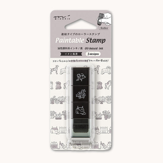 Midori roller stamp with dog, flower and village house patterns, continuous pre-inked design, paintable Japanese stationery stamp
