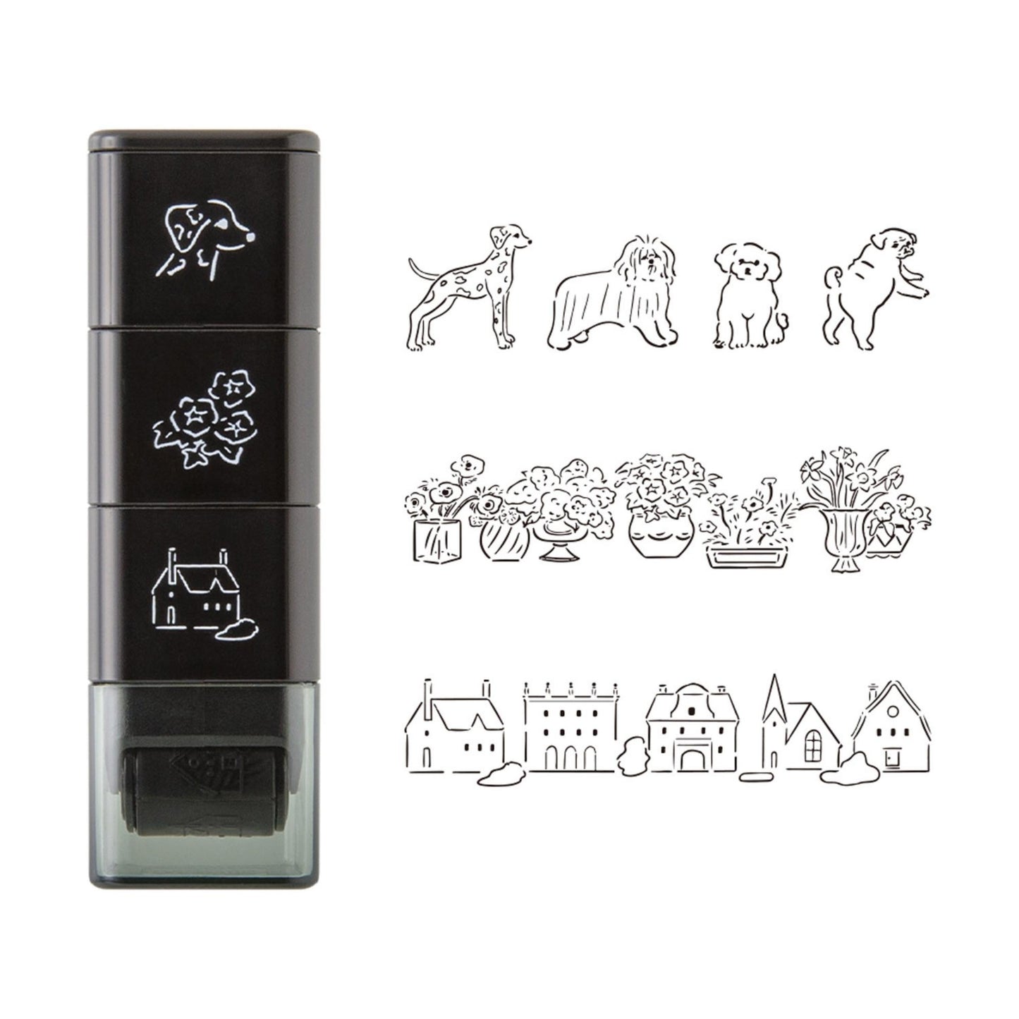 Midori roller stamp with dog, flower and village house patterns, continuous pre-inked design, paintable Japanese stationery stamp