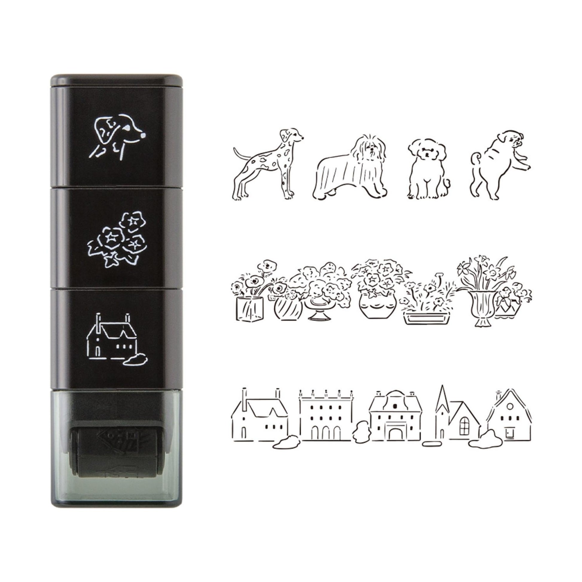 Midori roller stamp with dog, flower and village house patterns, continuous pre-inked design, paintable Japanese stationery stamp