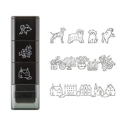 Midori roller stamp with dog, flower and village house patterns, continuous pre-inked design, paintable Japanese stationery stamp