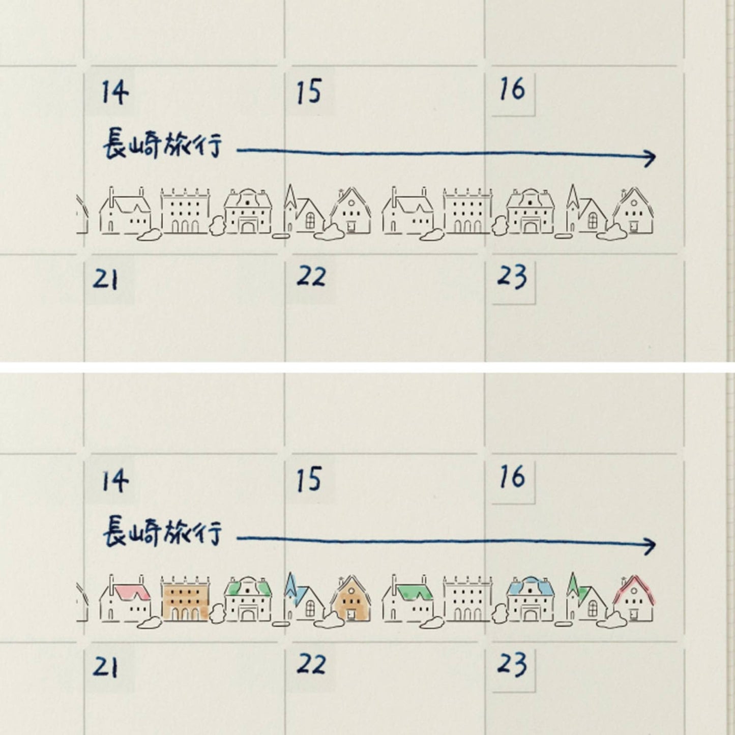 Midori roller stamp with dog, flower and village house patterns, continuous pre-inked design, paintable Japanese stationery stamp