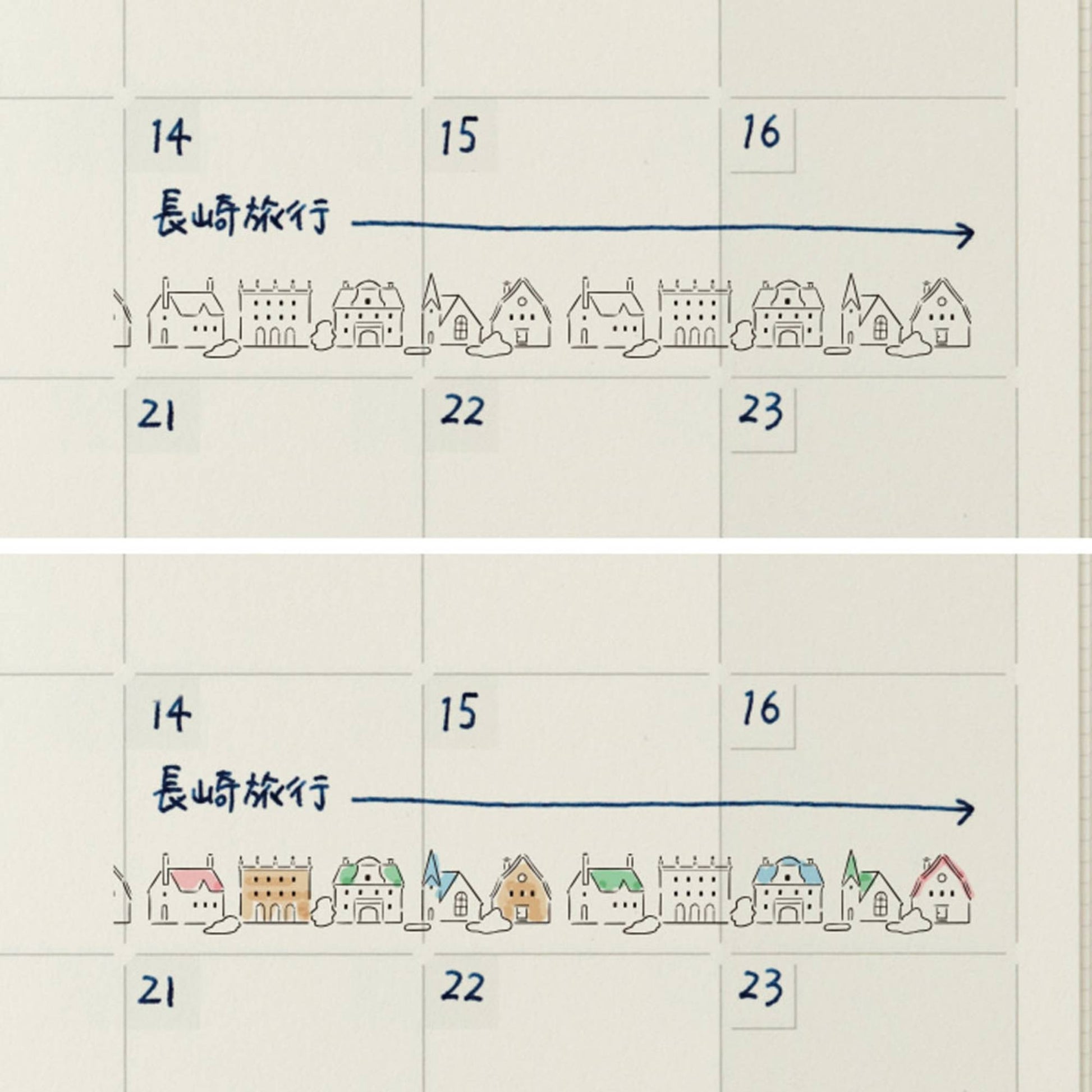 Midori roller stamp with dog, flower and village house patterns, continuous pre-inked design, paintable Japanese stationery stamp