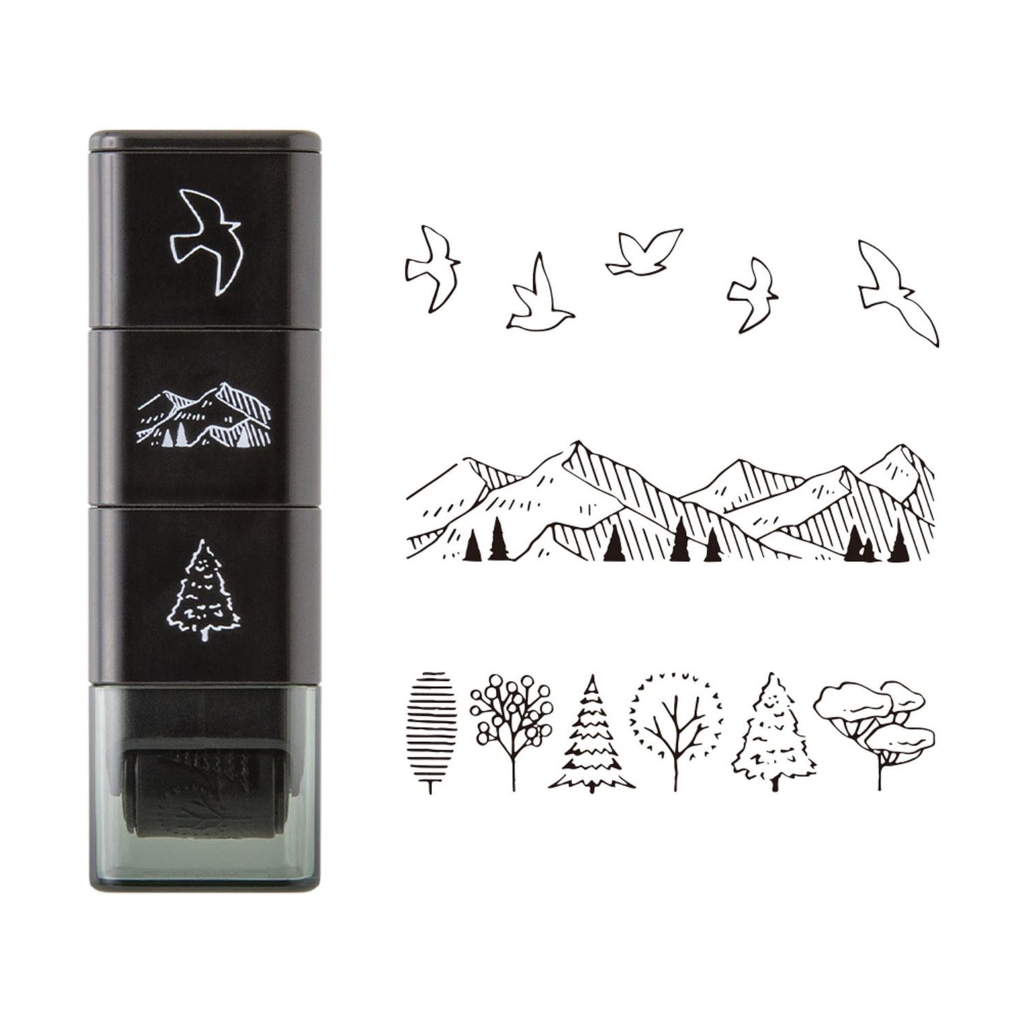Midori roller stamp with mountain, tree and bird patterns, continuous pre-inked design, paintable Japanese stationery stamp