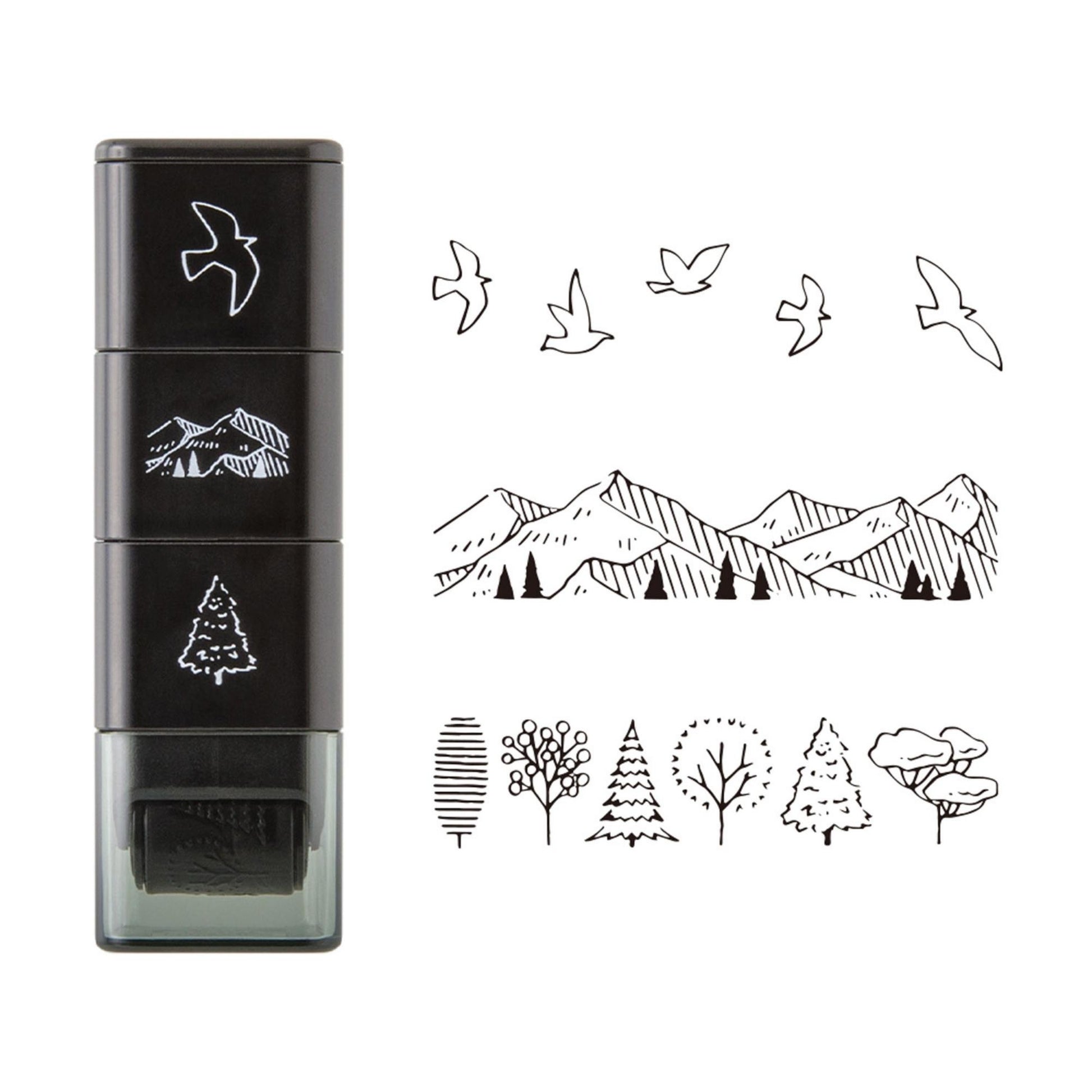 Midori roller stamp with mountain, tree and bird patterns, continuous pre-inked design, paintable Japanese stationery stamp