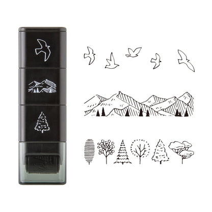 Midori roller stamp with mountain, tree and bird patterns, continuous pre-inked design, paintable Japanese stationery stamp