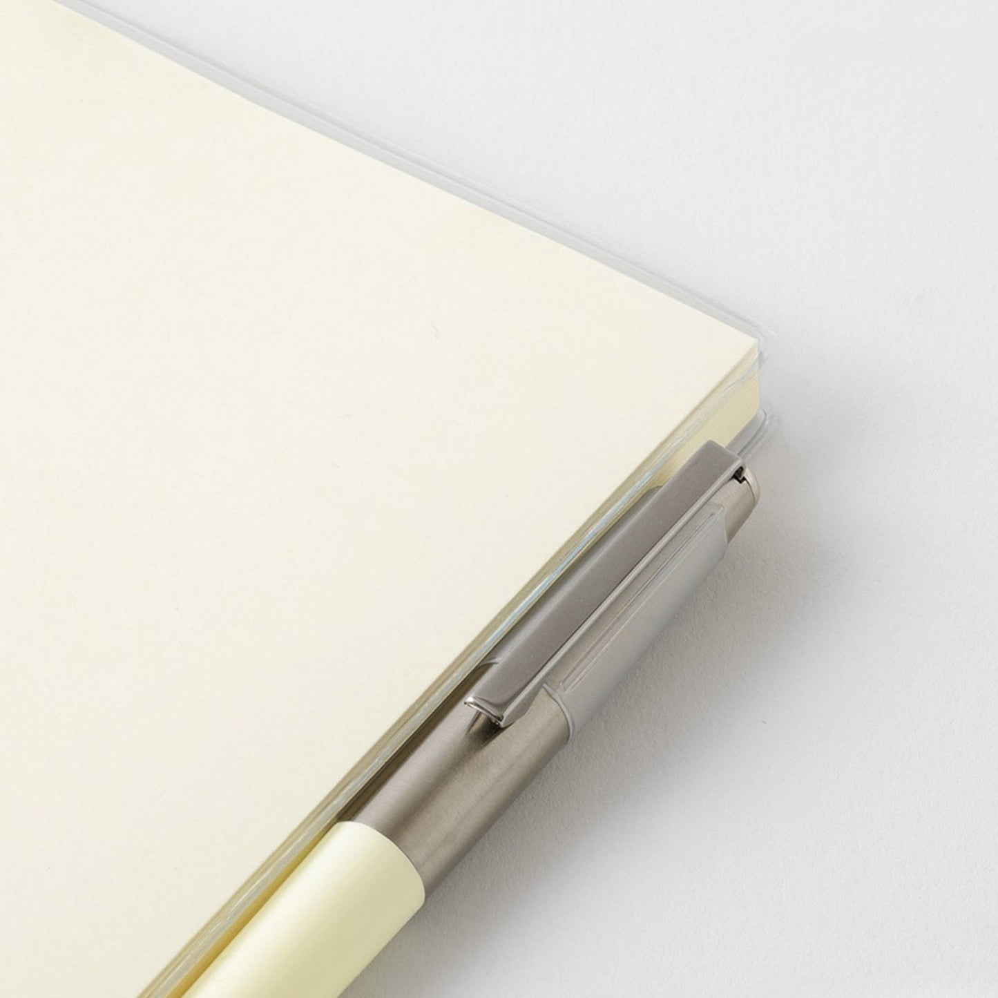 Clear PVC cover designed for the MD Notebook A5 with integrated pen holder