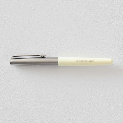 MD Product fountain pen with cream body, medium steel nib and black ink cartridge in presentation box