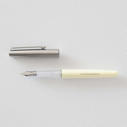 MD Product fountain pen with cream body, medium steel nib and black ink cartridge in presentation box