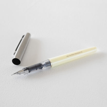 MD Product fountain pen with cream body, medium steel nib and black ink cartridge in presentation box