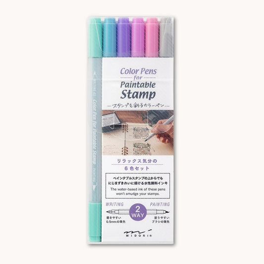 Midori colour pens set for paintable stamps in relaxation tones, six dual-tip water-based pens for journaling and stamping