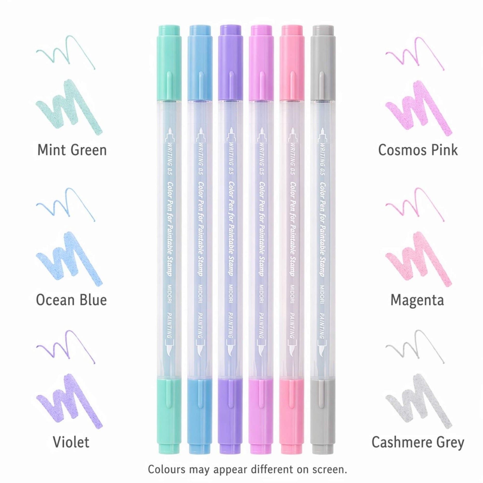 Midori colour pens set for paintable stamps in relaxation tones, six dual-tip water-based pens for journaling and stamping
