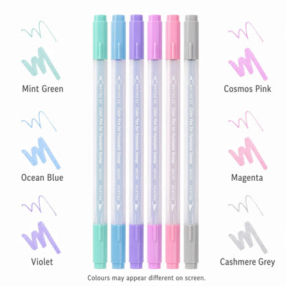 Midori colour pens set for paintable stamps in relaxation tones, six dual-tip water-based pens for journaling and stamping