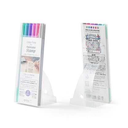 Midori colour pens set for paintable stamps in relaxation tones, six dual-tip water-based pens for journaling and stamping