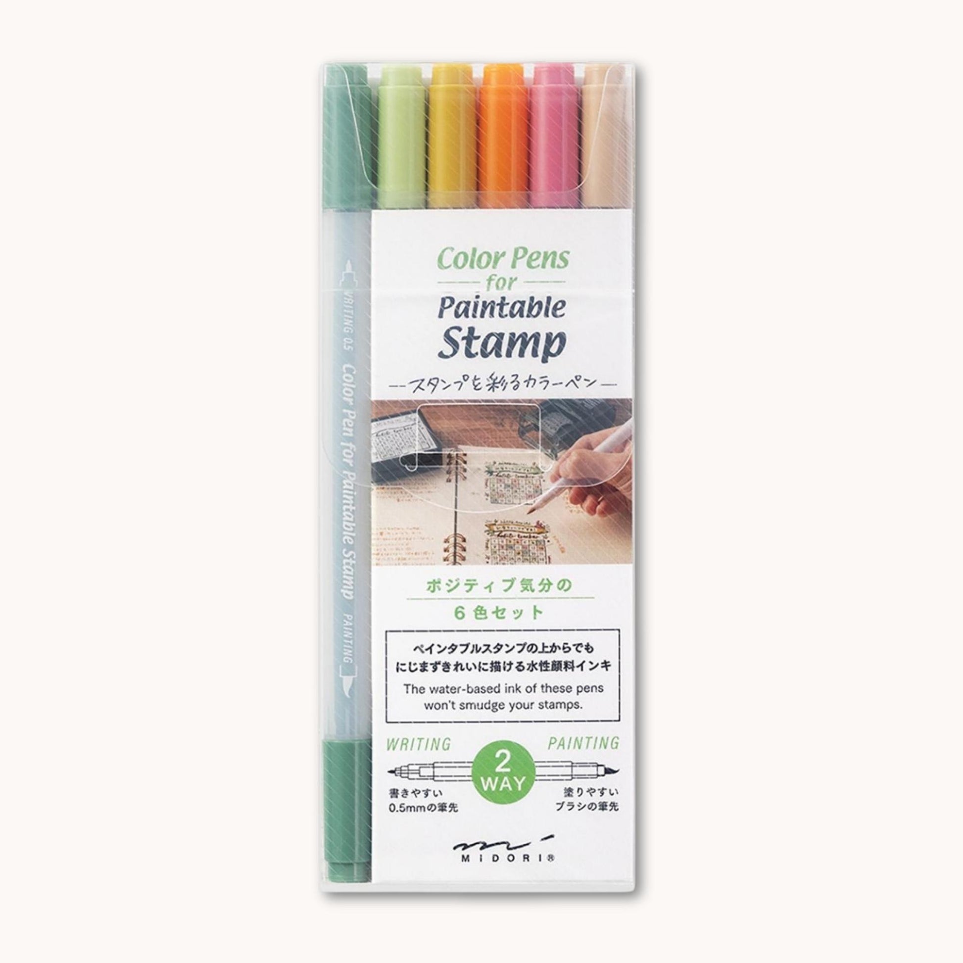 Midori colour pens set for paintable stamps with six pastel colours, dual-tip water-based pens for journaling and stamping