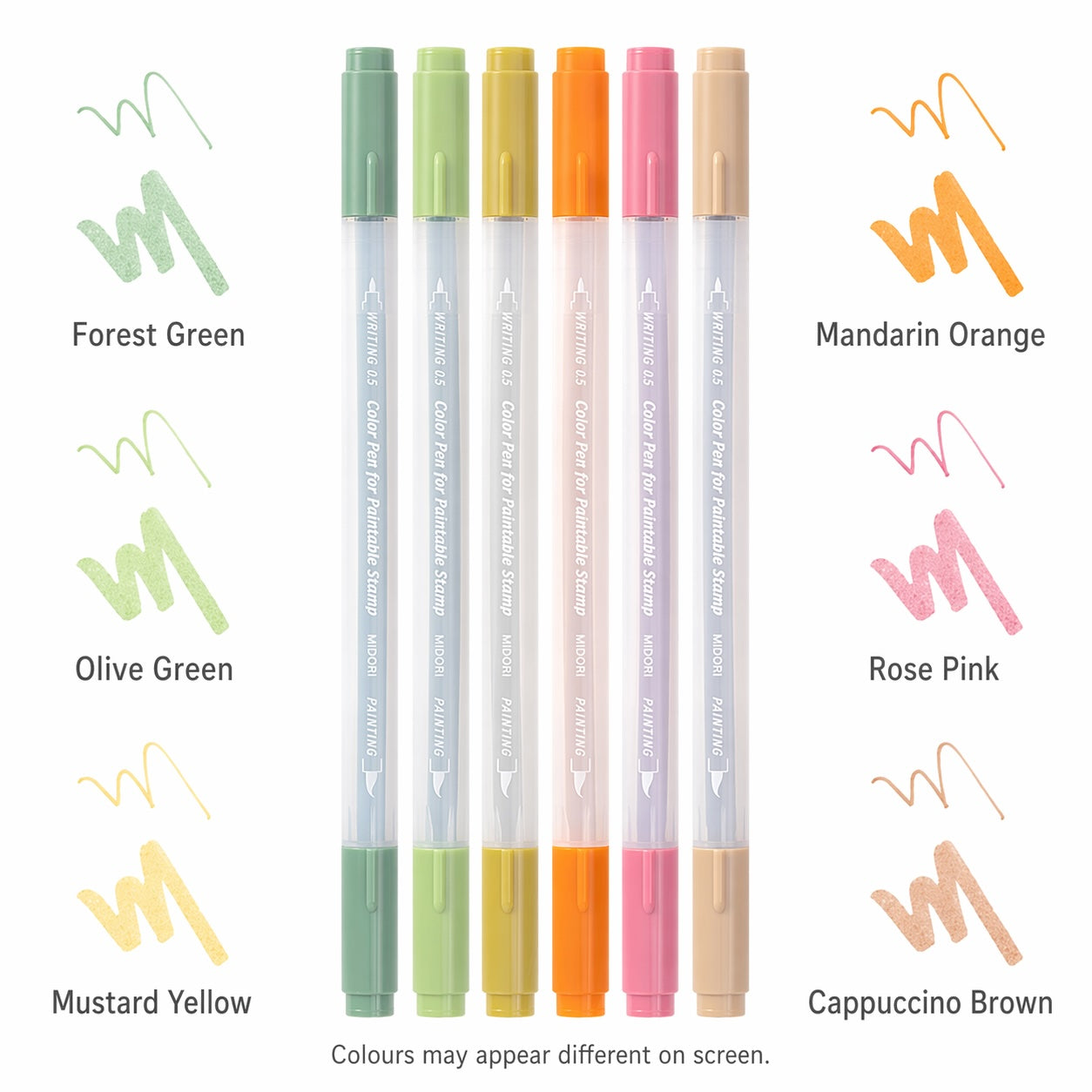 Midori colour pens set for paintable stamps with six pastel colours, dual-tip water-based pens for journaling and stamping