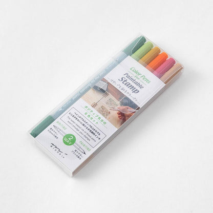 Midori colour pens set for paintable stamps with six pastel colours, dual-tip water-based pens for journaling and stamping