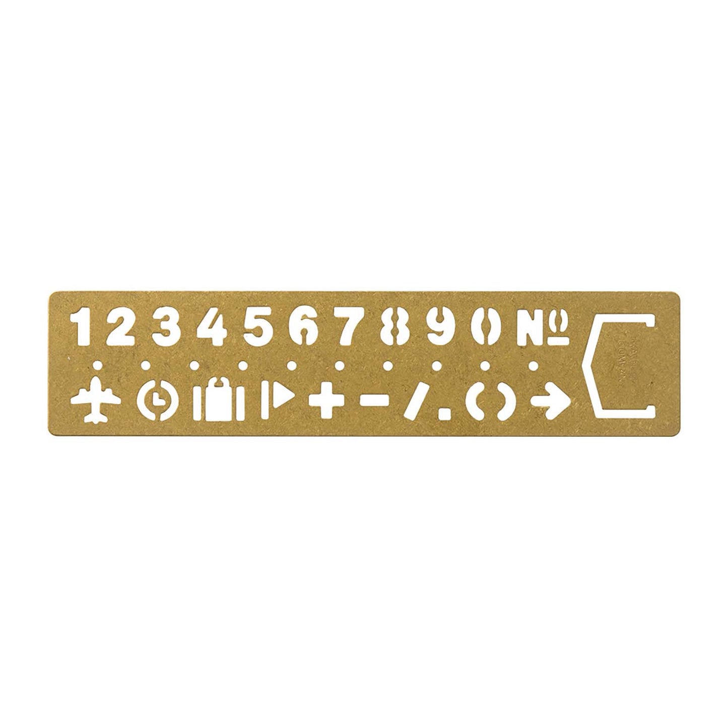 Traveler’s Company brass stencil bookmark with numbers and travel-themed icons