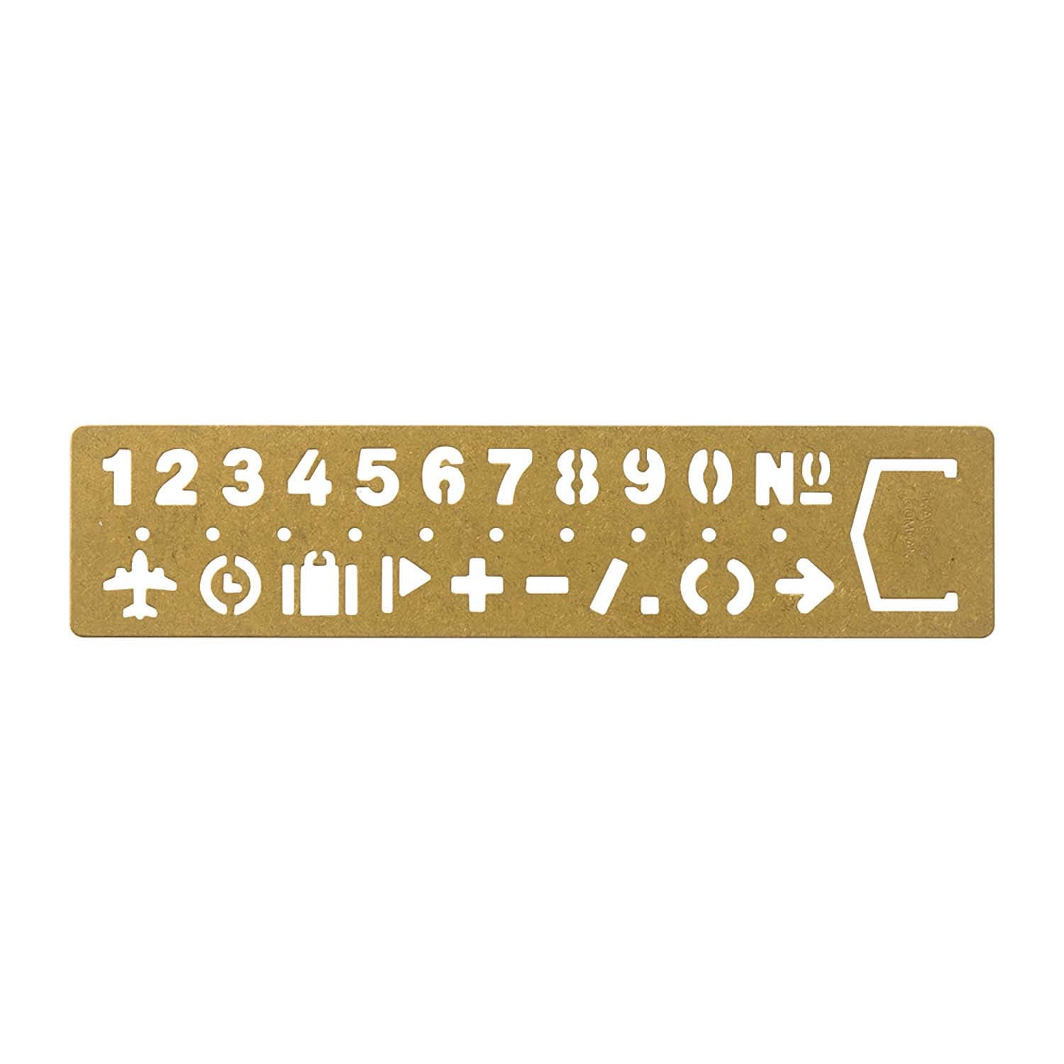 Traveler’s Company brass stencil bookmark with numbers and travel-themed icons