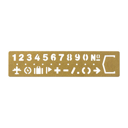 Traveler’s Company brass stencil bookmark with numbers and travel-themed icons