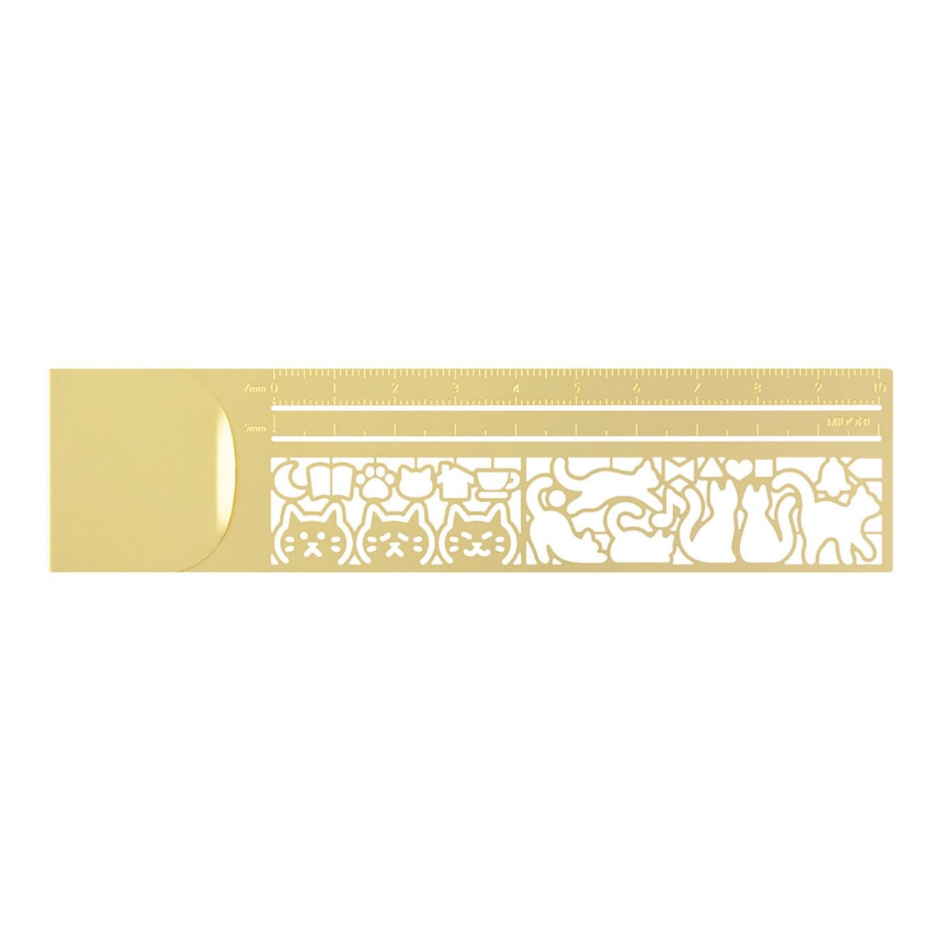 Midori Clip Ruler Cat featuring cat-themed stencil cut-outs in brass