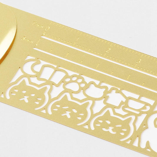 Midori Clip Ruler Cat featuring cat-themed stencil cut-outs in brass