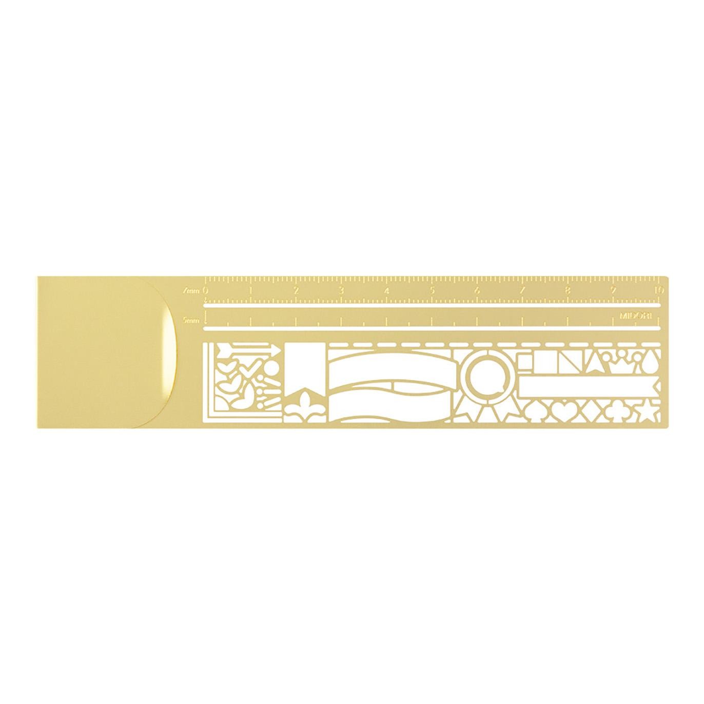 Midori brass clip ruler with decorative pattern, ultra-thin metal design and template cut-outs for journaling and planners