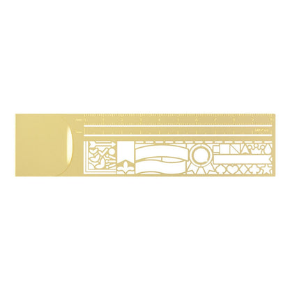 Midori brass clip ruler with decorative pattern, ultra-thin metal design and template cut-outs for journaling and planners