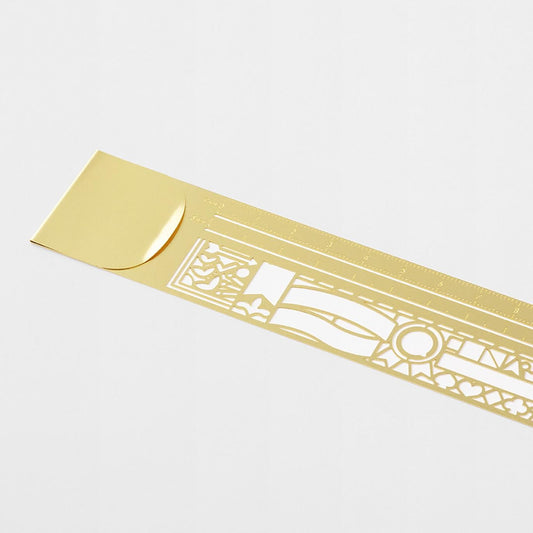 Midori brass clip ruler with decorative pattern, ultra-thin metal design and template cut-outs for journaling and planners