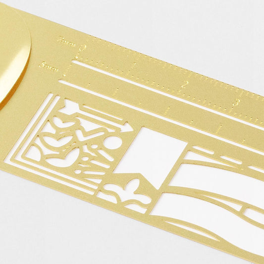 Midori brass clip ruler with decorative pattern, ultra-thin metal design and template cut-outs for journaling and planners
