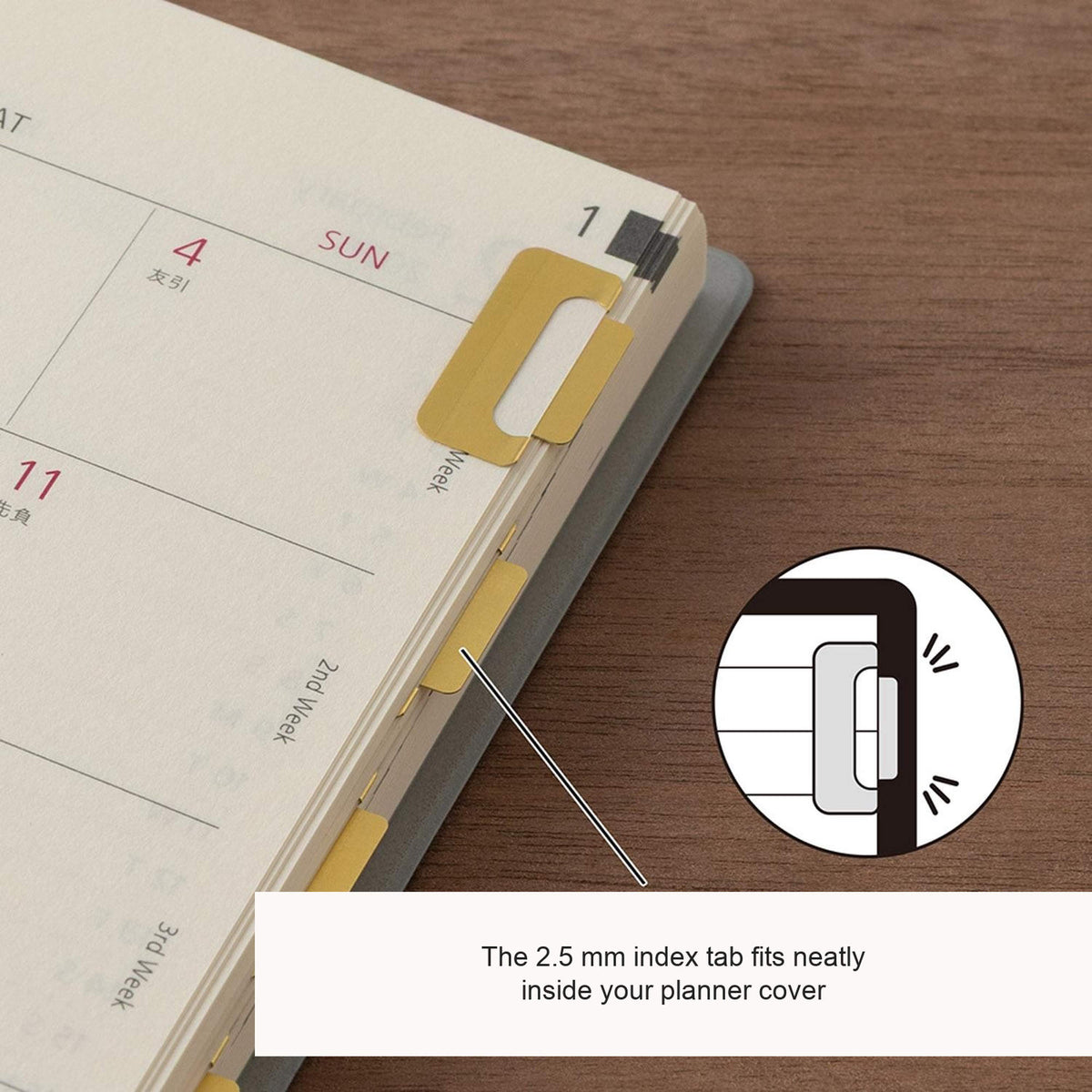 Midori Chiratto medium brass index clips marking planner pages, with English feature captions