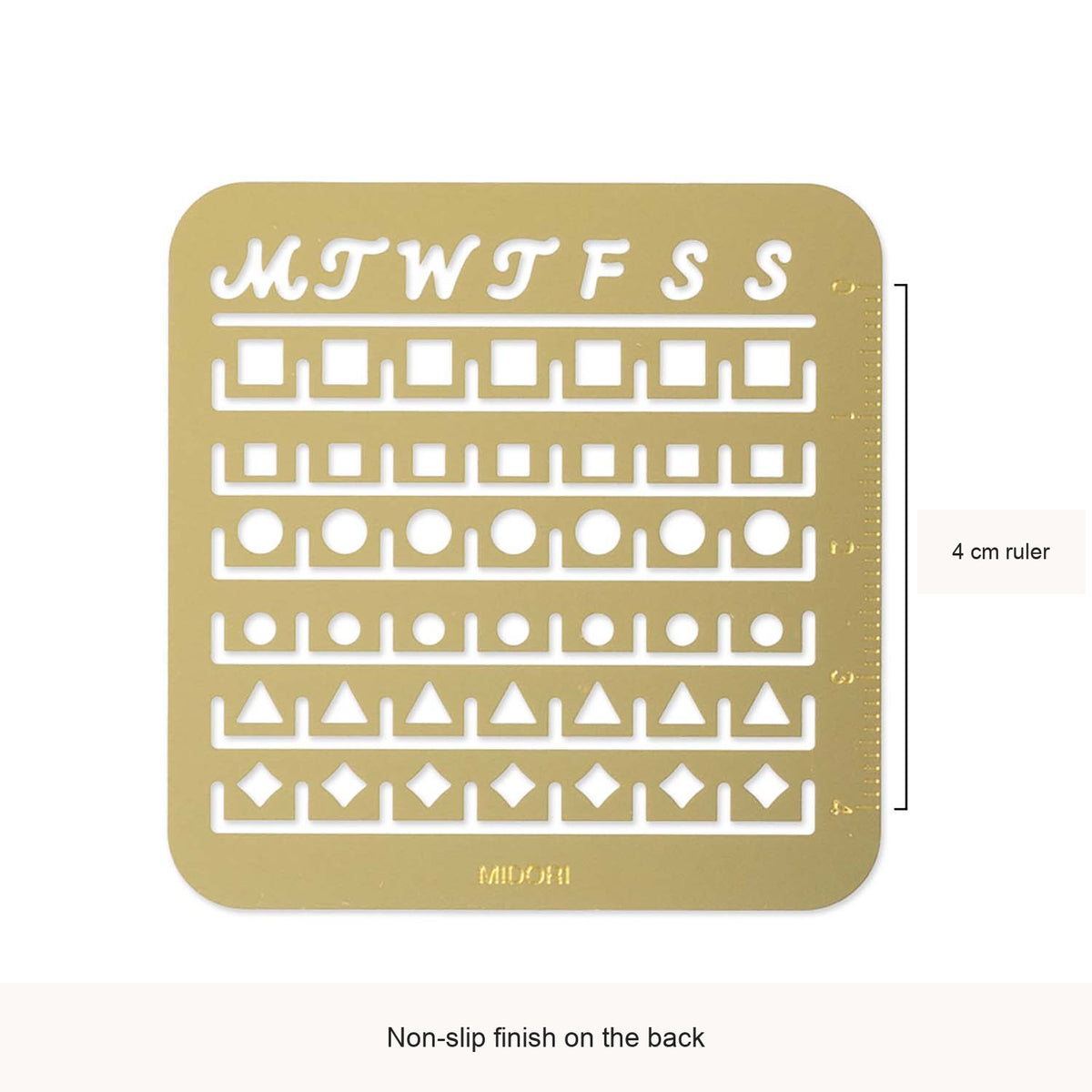 Midori Small calendar stencil showing its 4 cm ruler and non-slip backing