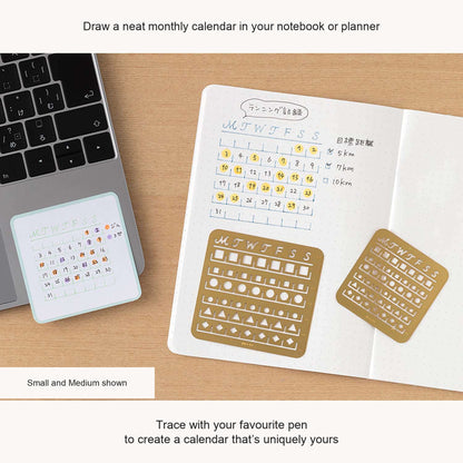 Small and Medium Midori calendar stencils beside a hand-drawn calendar, with English feature captions
