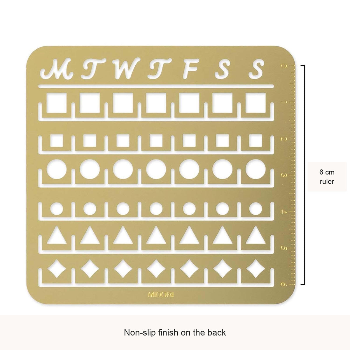 Midori Medium brass monthly calendar stencil with size guide, with English feature captions