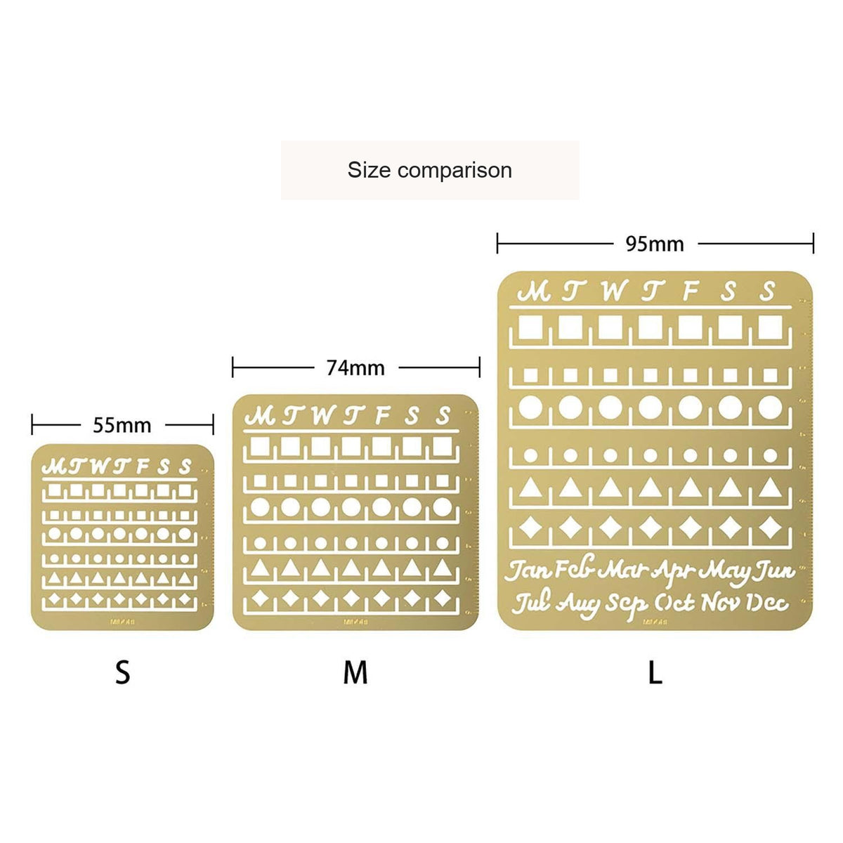 Midori Small Medium and Large monthly calendar templates compared, with English feature captions