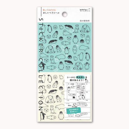 Midori Chat Series sea creature stickers – 1 sheet featuring penguins, otters, polar bears and seals