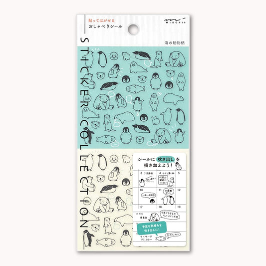 Midori Chat Series sea creature stickers – 1 sheet featuring penguins, otters, polar bears and seals