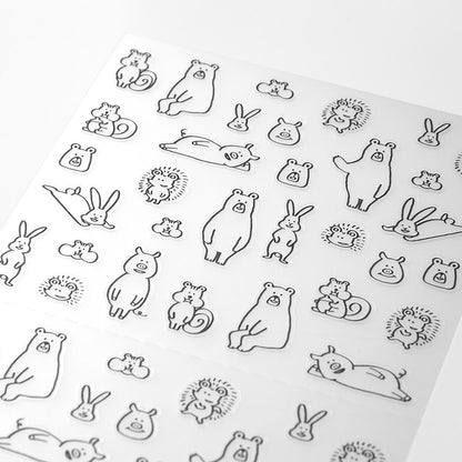 Midori Chat Series forest animal stickers – 1 monochrome sheet with bears, bunnies, squirrels, and hedgehogs for journaling and planners