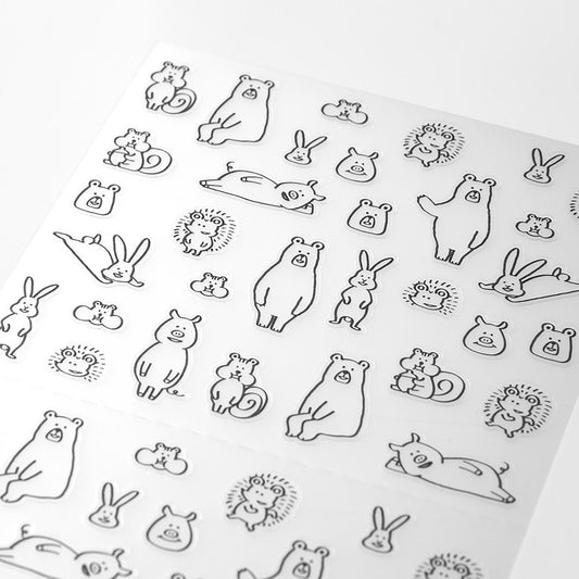 Midori Chat Series forest animal stickers – 1 monochrome sheet with bears, bunnies, squirrels, and hedgehogs for journaling and planners