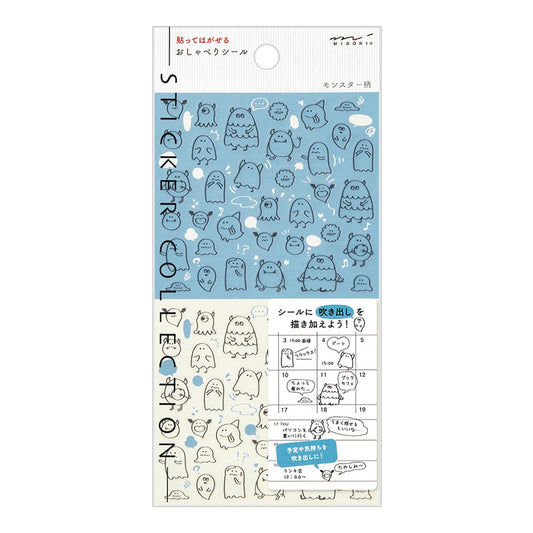 Midori Chat Series monster stickers – 1 monochrome sheet with playful monster illustrations for planners and journals