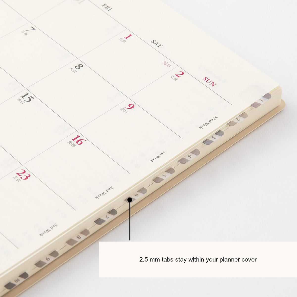 Midori Chiratto number tabs along the edge of a planner, with English feature captions