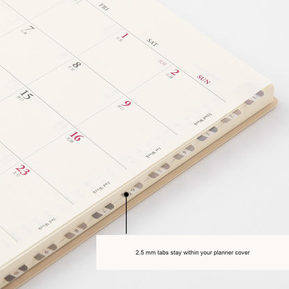 Midori Chiratto number tabs along the edge of a planner, with English feature captions