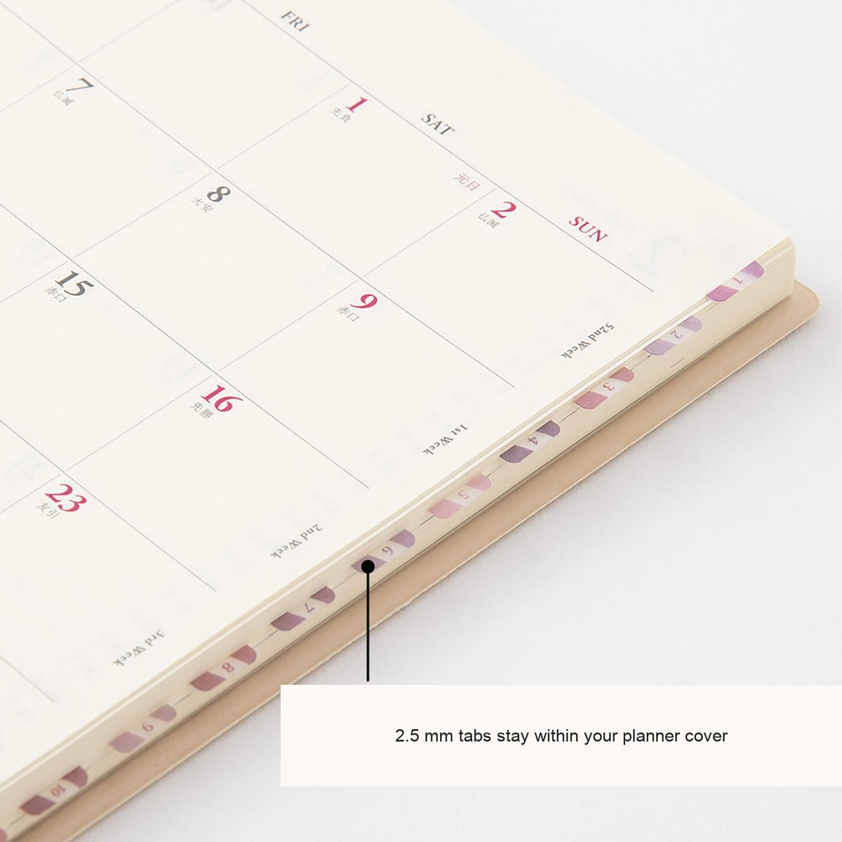 Midori Chiratto number tabs along the edge of a planner, with English feature captions