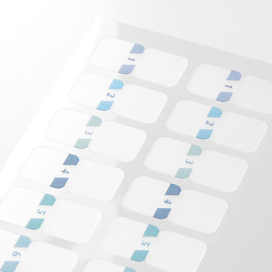 Close-up of Midori Chiratto blue number index tabs