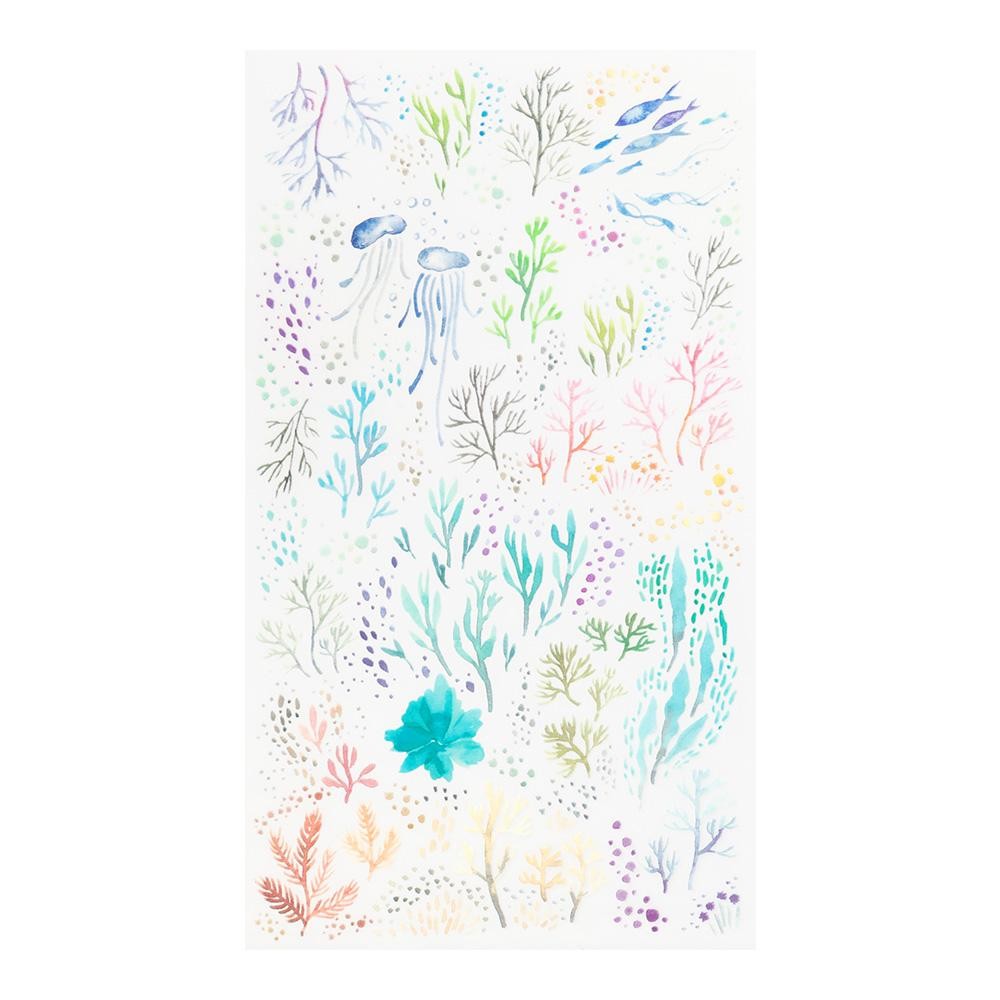 Midori watercolor seascape transfer stickers with jellyfish and seaweed in soft pastel tones