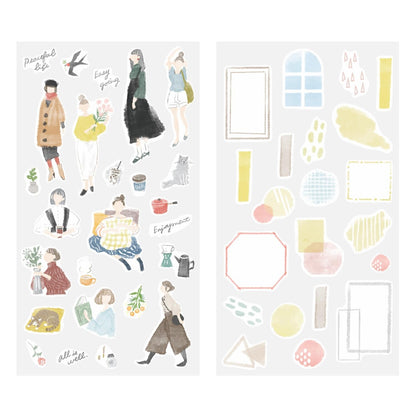 Midori fashion illustration washi sticker sheets with women, outfits, and accessories in soft watercolour tones