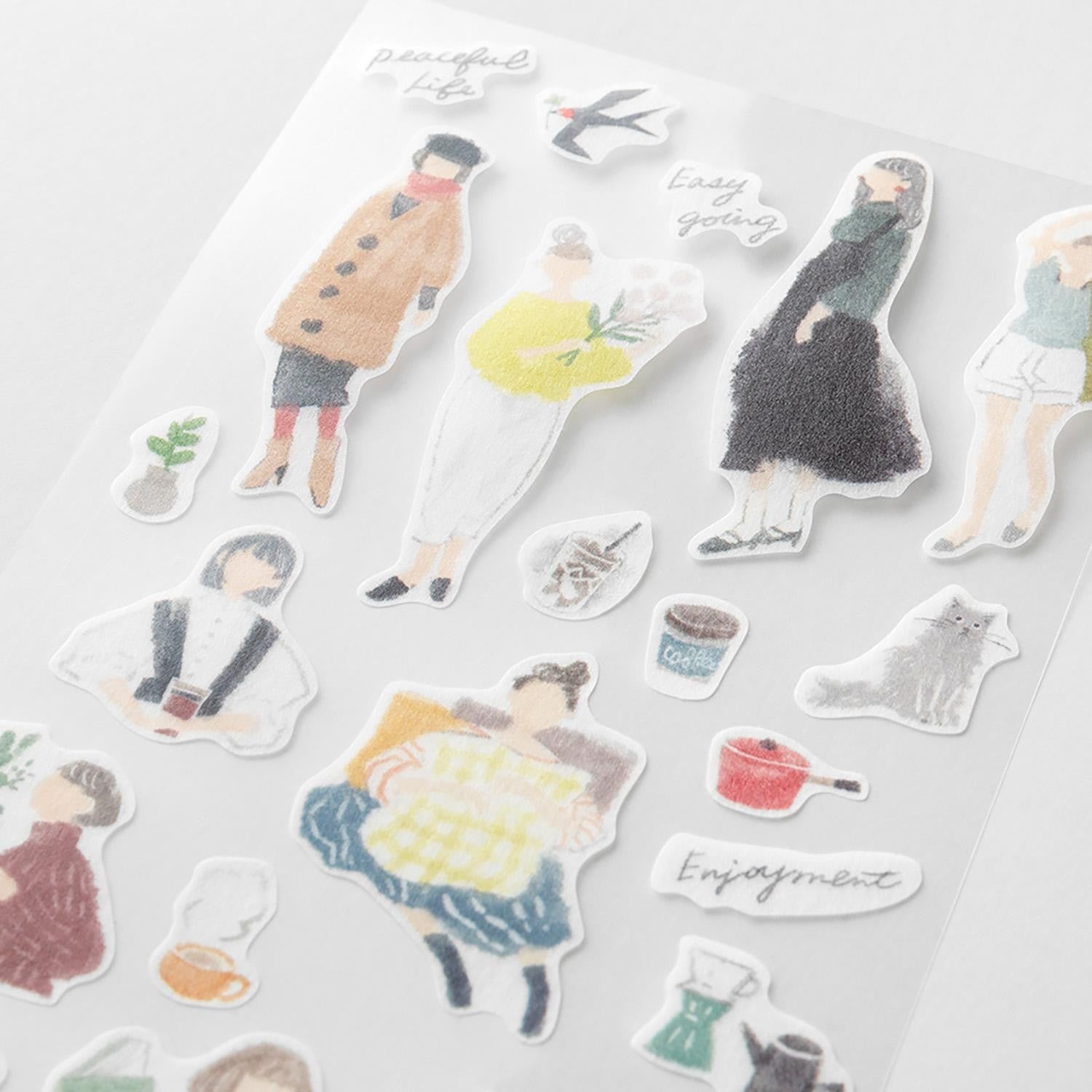 Midori fashion illustration washi sticker sheets with women, outfits, and accessories in soft watercolor tones